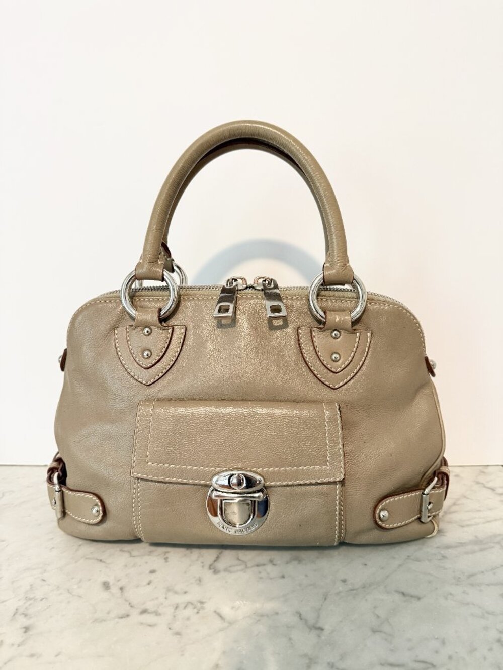 Marc Jacobs Elise Top Handle Satchel Bag in Taupe Soft Calf Leather